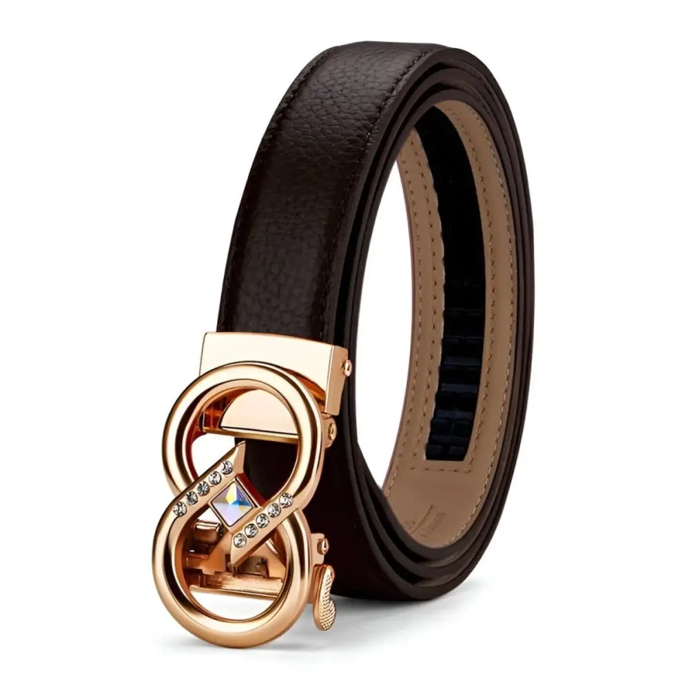 Brown leather belt with gold buckle from Set of Leather Belts with Gold Buckles and Rhinestone Accents