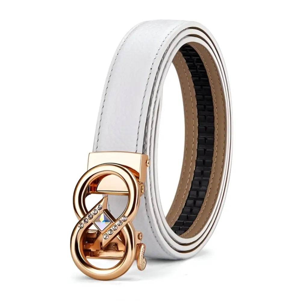 White leather belt with a gold buckle from the Set of Leather Belts with Gold Buckles and Rhinestone Accents