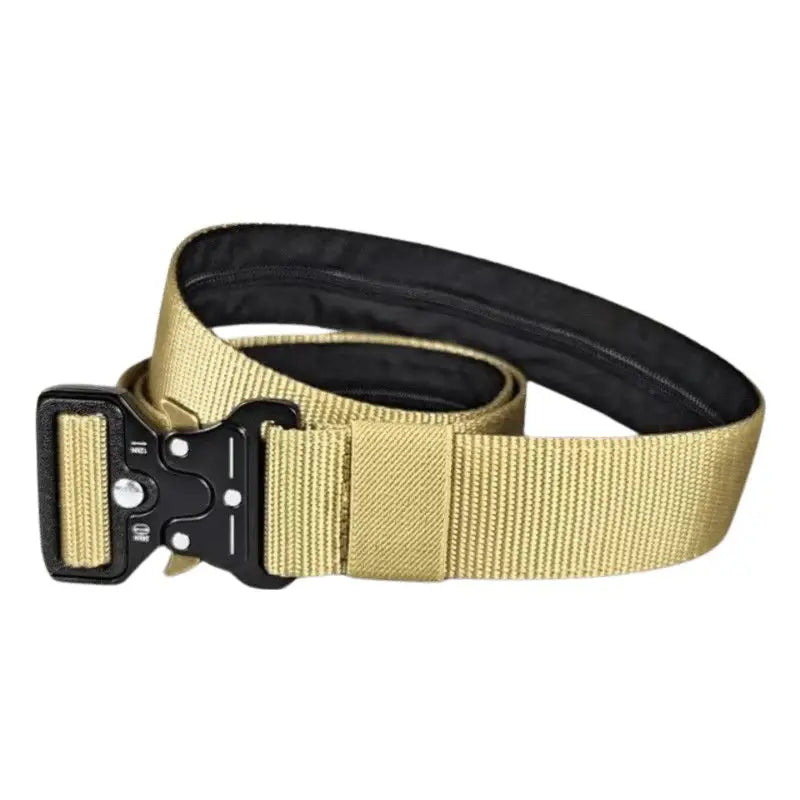 Tan tactical belt with black metal buckle shown in product image