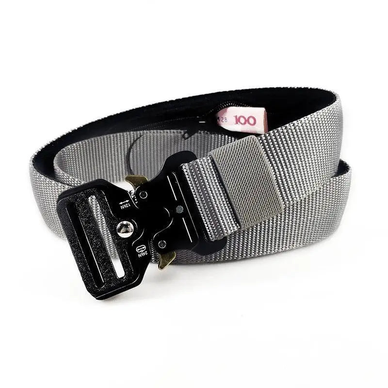 Gray tactical belt with black buckle, complementing the Tan Tactical Belt with Black Metal Buckle product