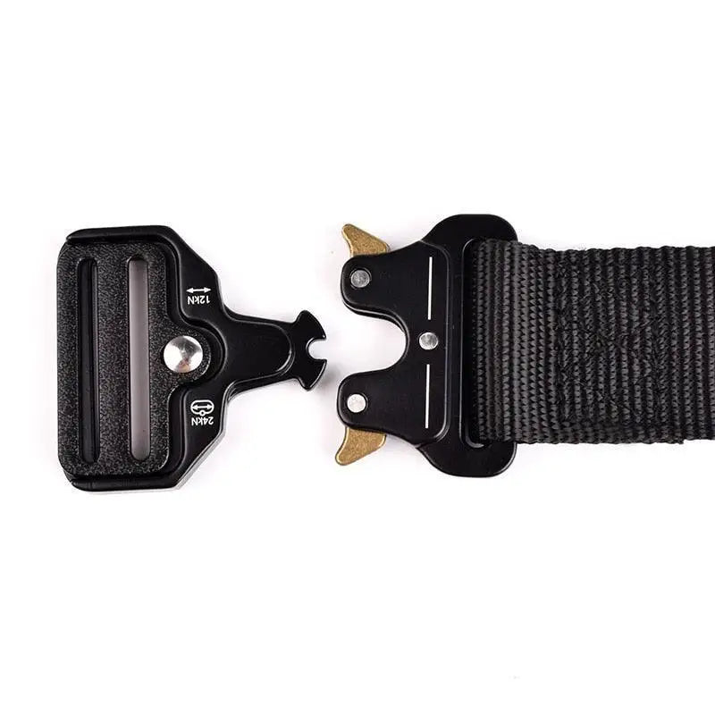 Black metal buckle on tan tactical belt with sturdy nylon strap suitable for outdoor use