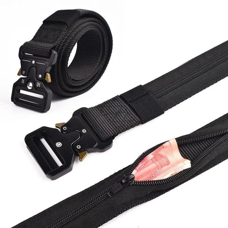 Tan Tactical Belt with Black Metal Buckle featuring a discreet hidden zipper pocket