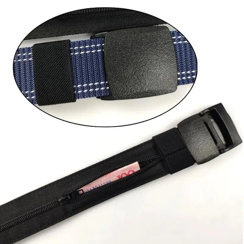 Black Erekle Nylon Belt with Hidden Zipper and Black White Stripes for secure storage