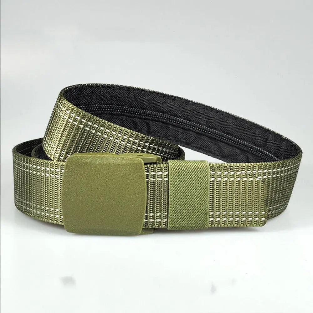 Olive green Erekle Nylon Belt with hidden zipper and black white stripes