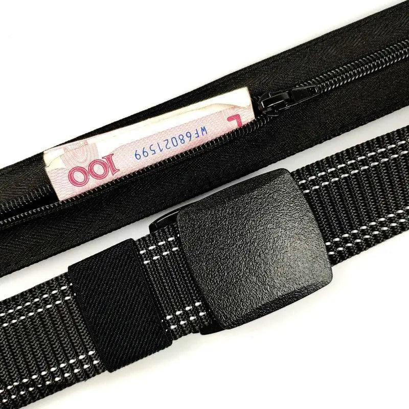 Black Erekle nylon belt with hidden zipper pocket and black white stripes for secure storage