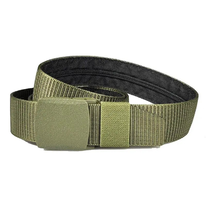 Olive green nylon metal-free money belt with hidden pocket and black buckle