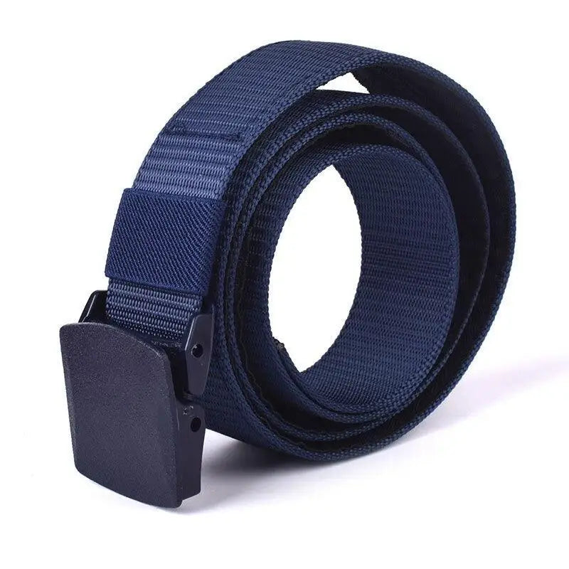 Navy blue nylon metal-free money belt with black plastic buckle and hidden pocket