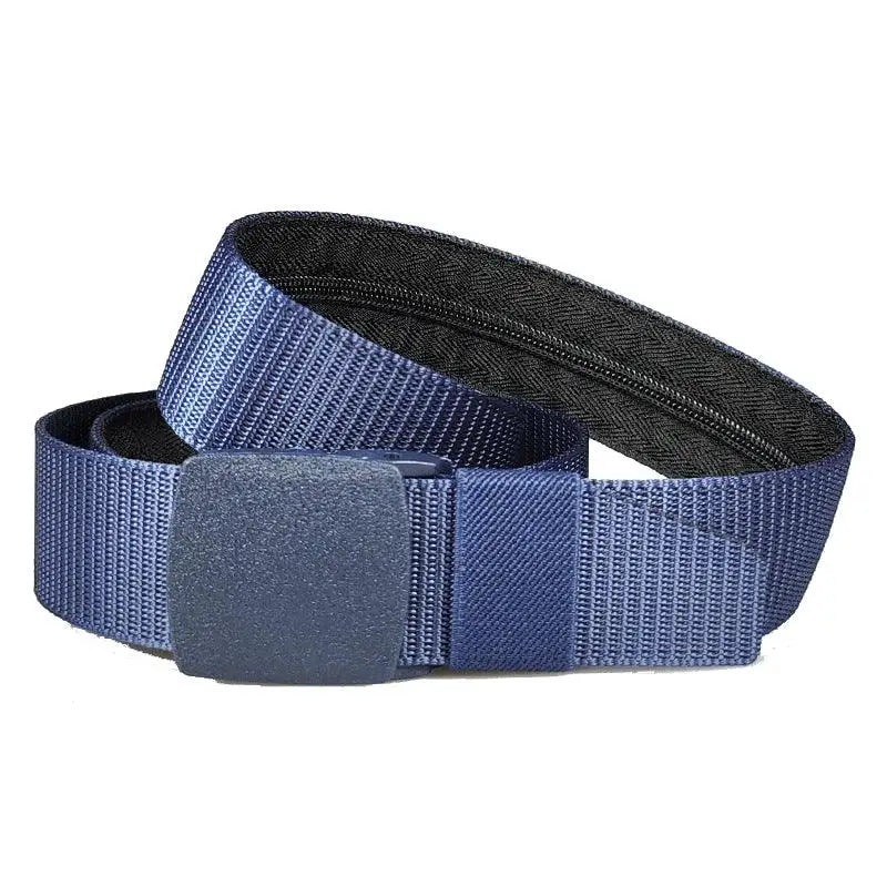 Blue nylon metal-free money belt with black zipper and hidden pocket for secure storage