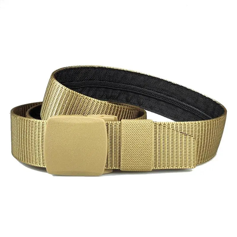 Tan nylon metal-free money belt with black zippered interior and hidden pocket