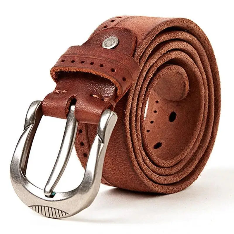 Brown leather belt with silver buckle displayed alongside Ripped Blue Jeans for stylish fashion