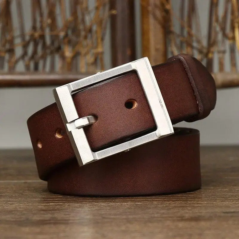 Brown leather belt with silver buckle from Assorted Leather Belts with Brass Buckles
