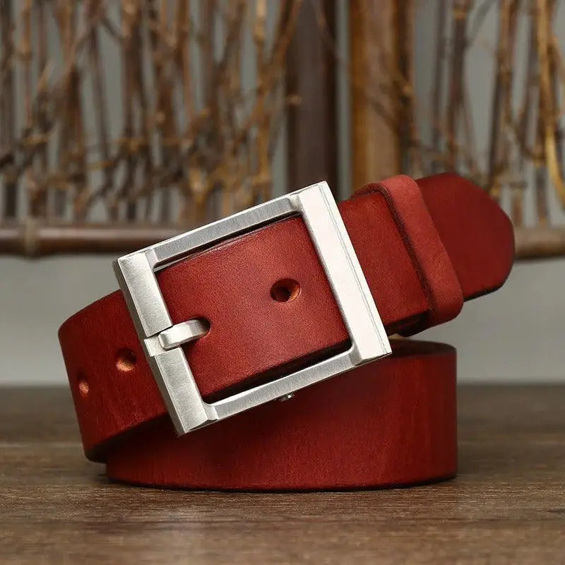 Red leather belt with silver buckle from Assorted Leather Belts with Brass Buckles collection
