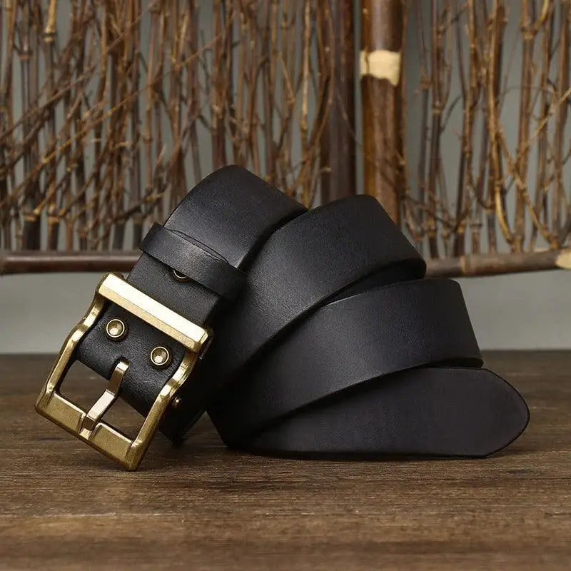 Black leather belt with a gold buckle from Assorted Leather Belts with Brass Buckles collection