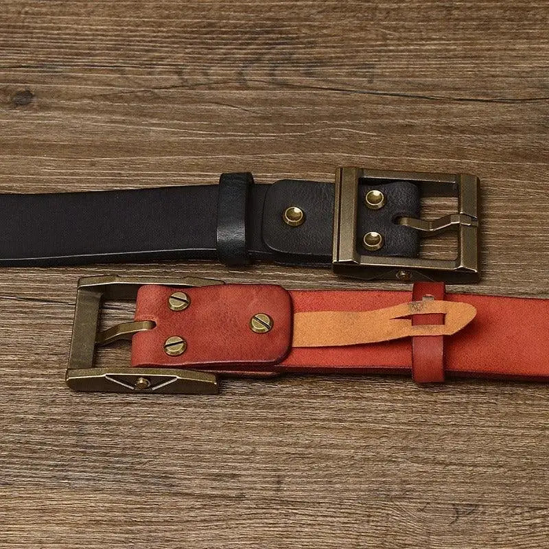 Two leather belts with brass metal buckles displayed for Assorted Leather Belts with Brass Buckles