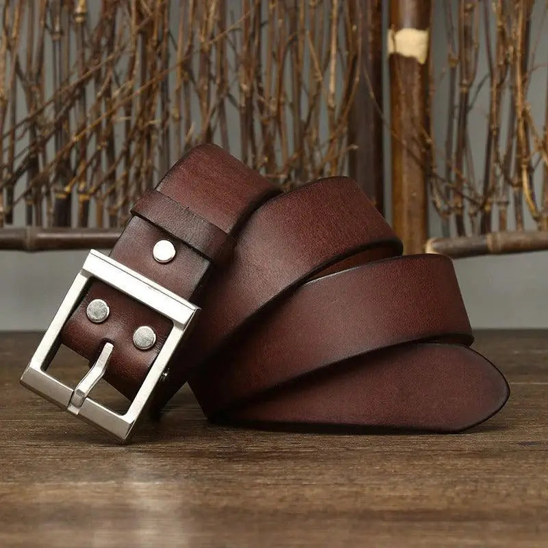 Brown leather belt with silver buckle from Assorted Leather Belts with Brass Buckles