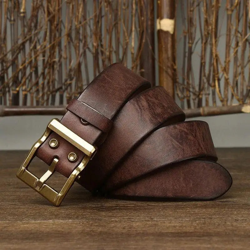 Brown leather belt with a gold buckle from Assorted Leather Belts with Brass Buckles collection