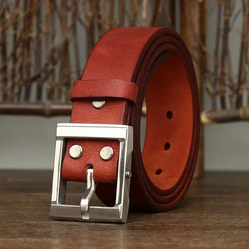 Red leather belt with silver buckle from Assorted Leather Belts with Brass Buckles collection