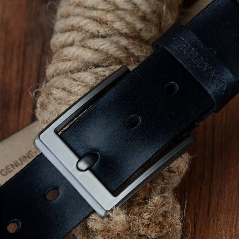 Black leather belt with silver buckle from Leather Belts and Blue Camouflage Sweater for Men