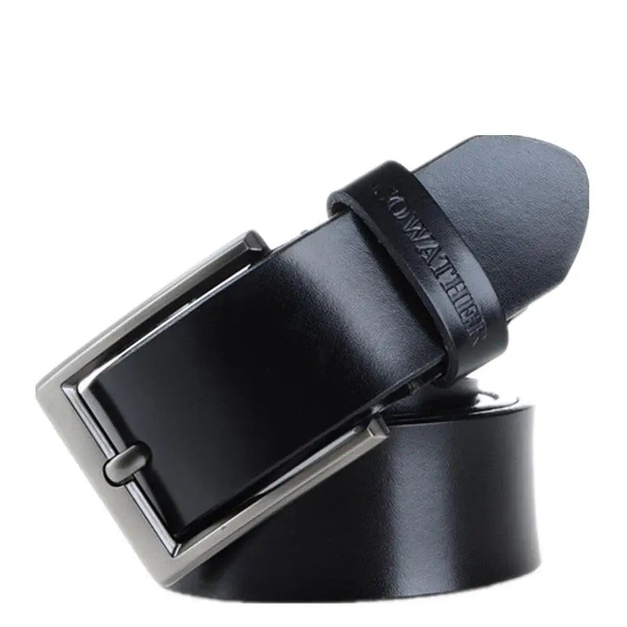 Black leather belt with silver buckle featured in Men’s Leather Belts and Blue Camouflage Sweater