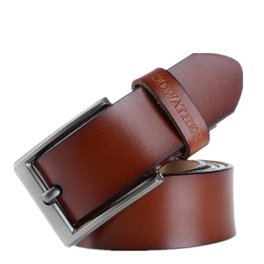 Brown leather belt with silver buckle paired with a Blue Camouflage Sweater for Men