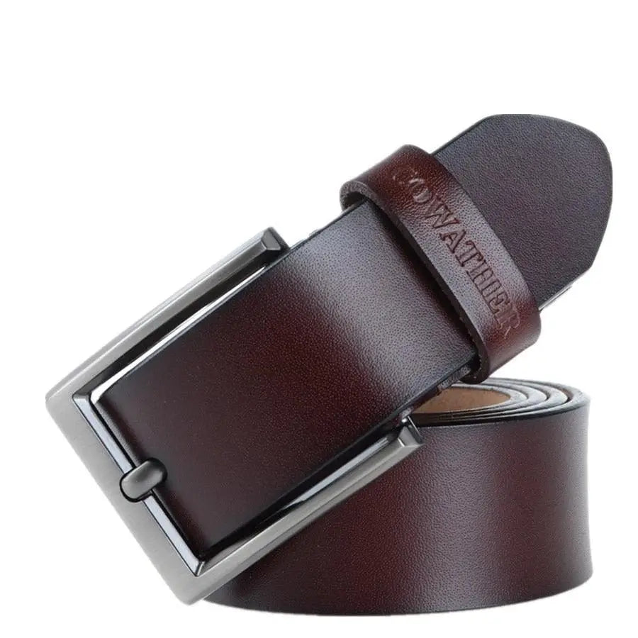 Brown leather belt with silver buckle displayed with Men’s Blue Camouflage Sweater