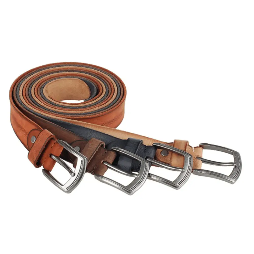 Genuine leather casual en cuir belt for men with silver buckle, unrolled and rolled