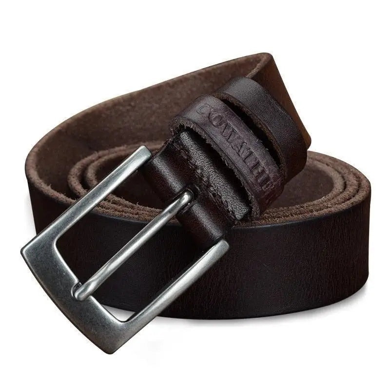 Brown leather belt with a silver buckle from Leather Belts with Silver Buckles in Brown and Black