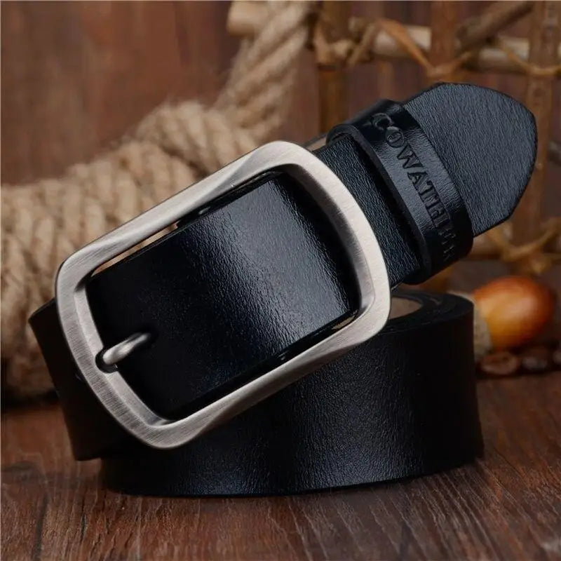 Black leather belt with silver buckle from Leather Belts with Silver Buckles in Brown and Black Styles