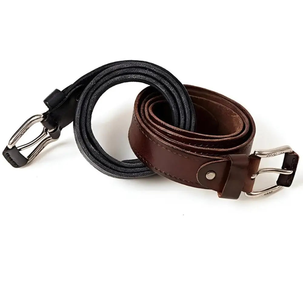 Intertwined black and brown leather belts with silver buckles for men product display