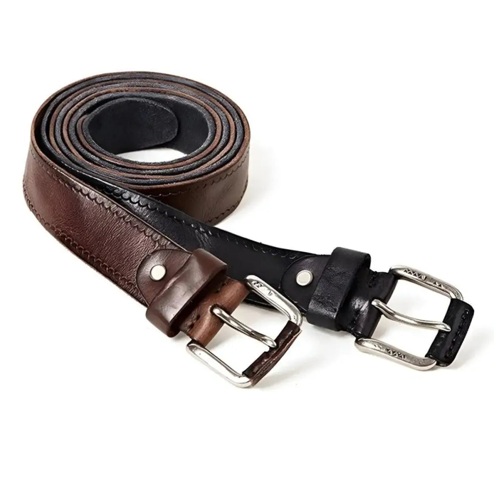 Two brown leather belts with silver buckles displayed for men in a product image