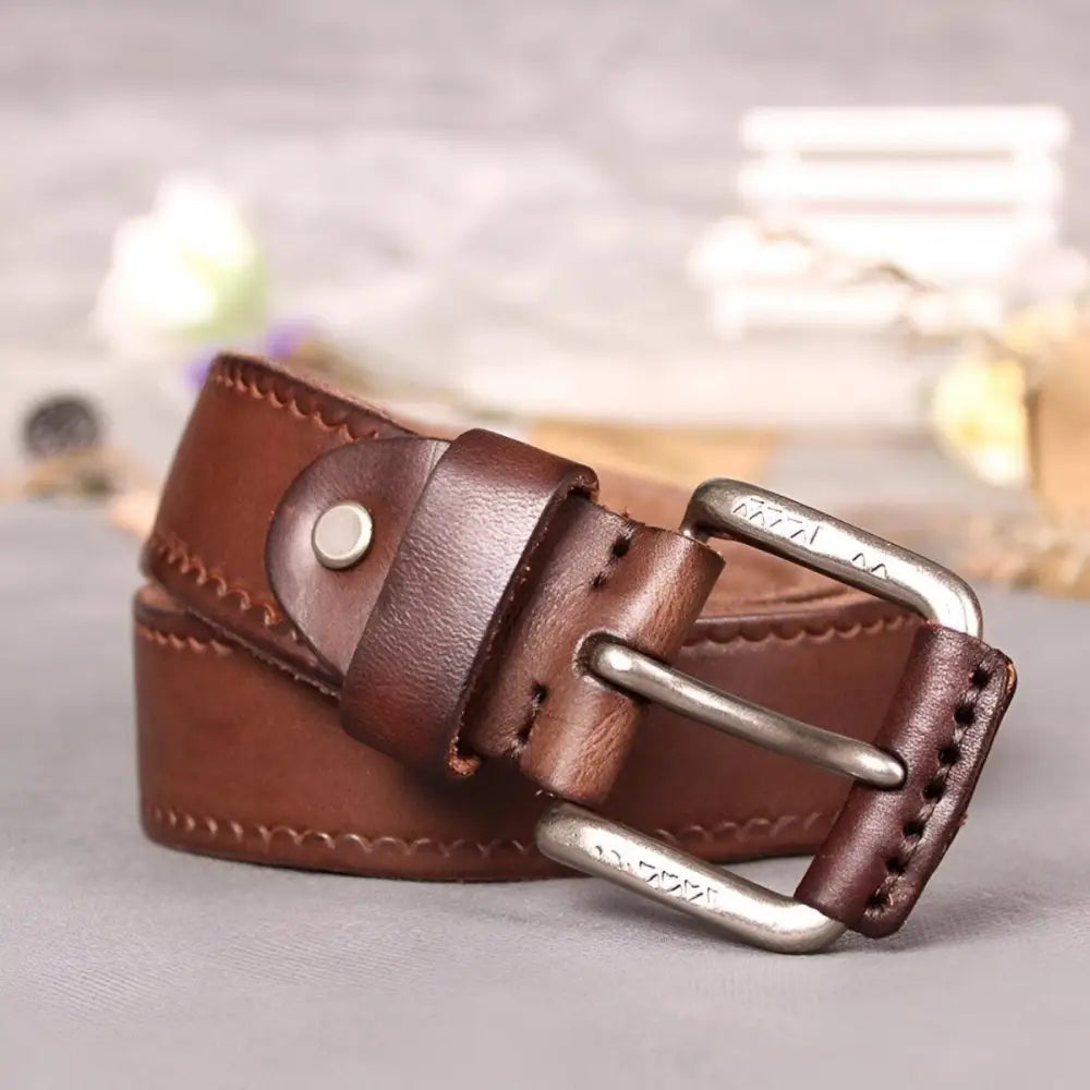 Brown leather belt with metal buckle from Two Brown Leather Belts with Silver Buckle for Men