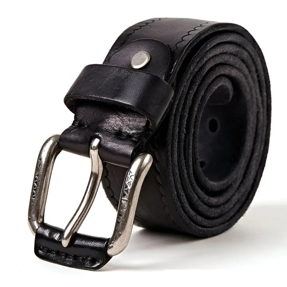 Rolled black leather belt with silver buckle for men displayed with two brown leather belts