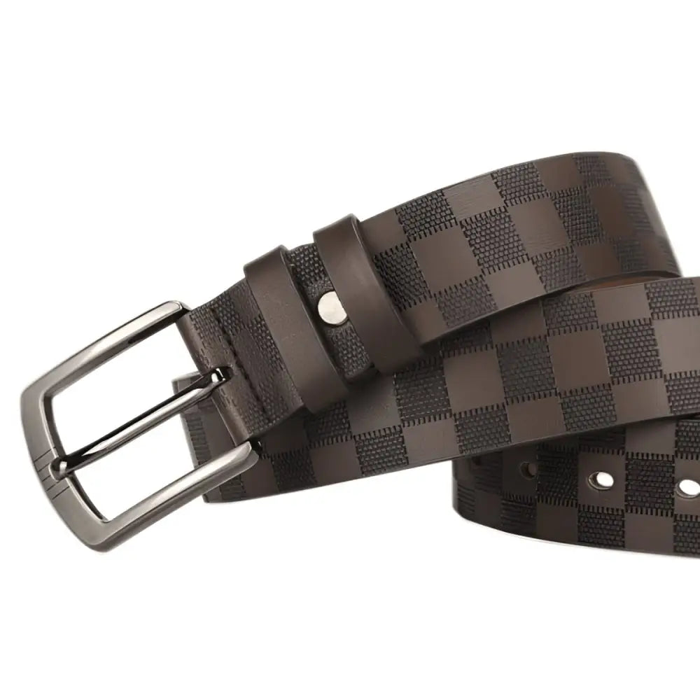 Alt text for Valtter Belt Brown Checkered Leather Belt with Silver Buckle