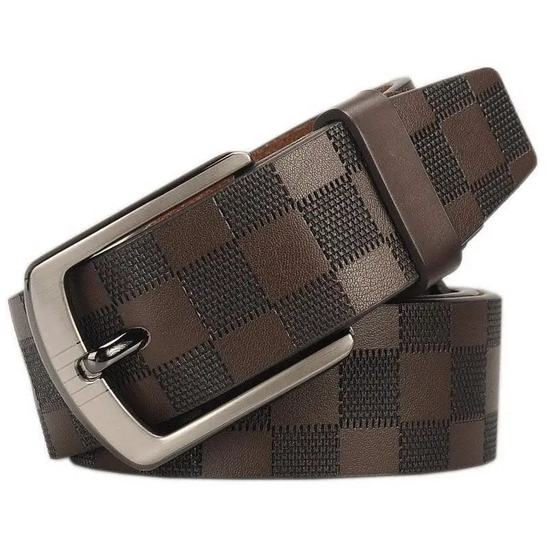 Brown checkered leather belt with silver buckle featuring Valtter Belt branding