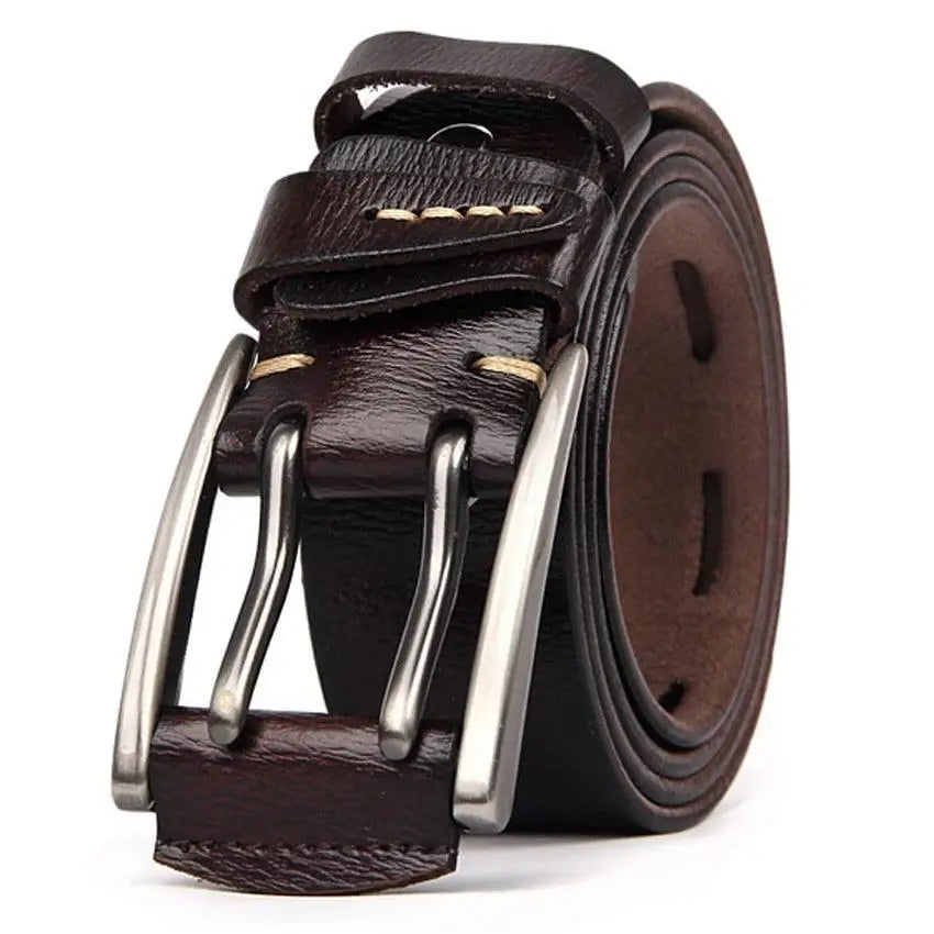 Rolled brown leather belt with double prong buckle from Leather Belts with Metal and Silver Buckles