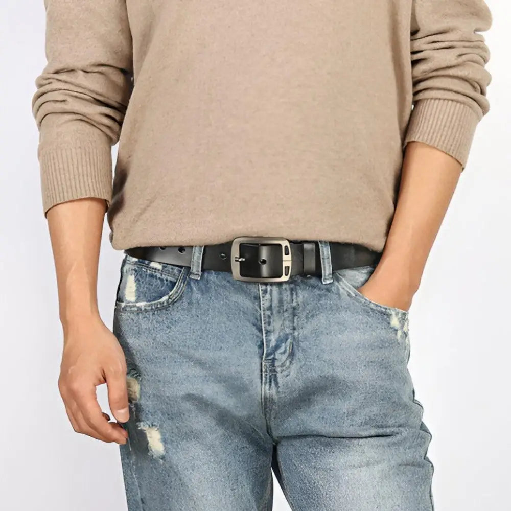 Casual leather belt for men with silver pin buckle and black leather strap