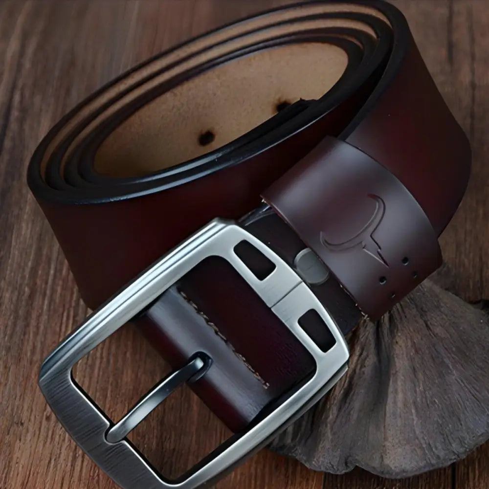 Rolled brown casual leather belt with silver pin buckle for men