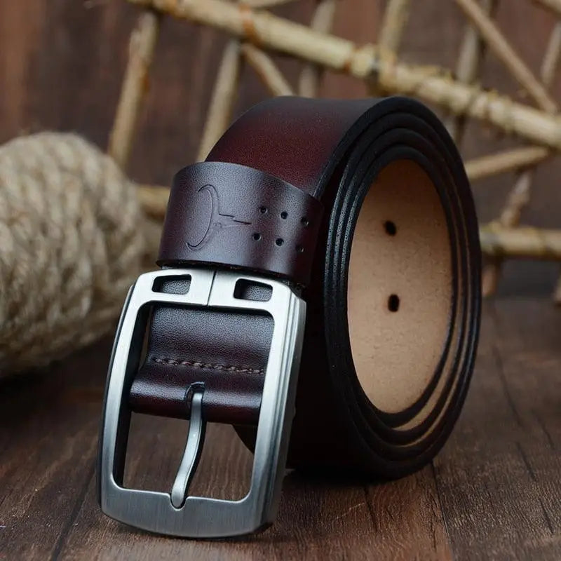 Rolled brown casual leather belt with silver pin buckle for men