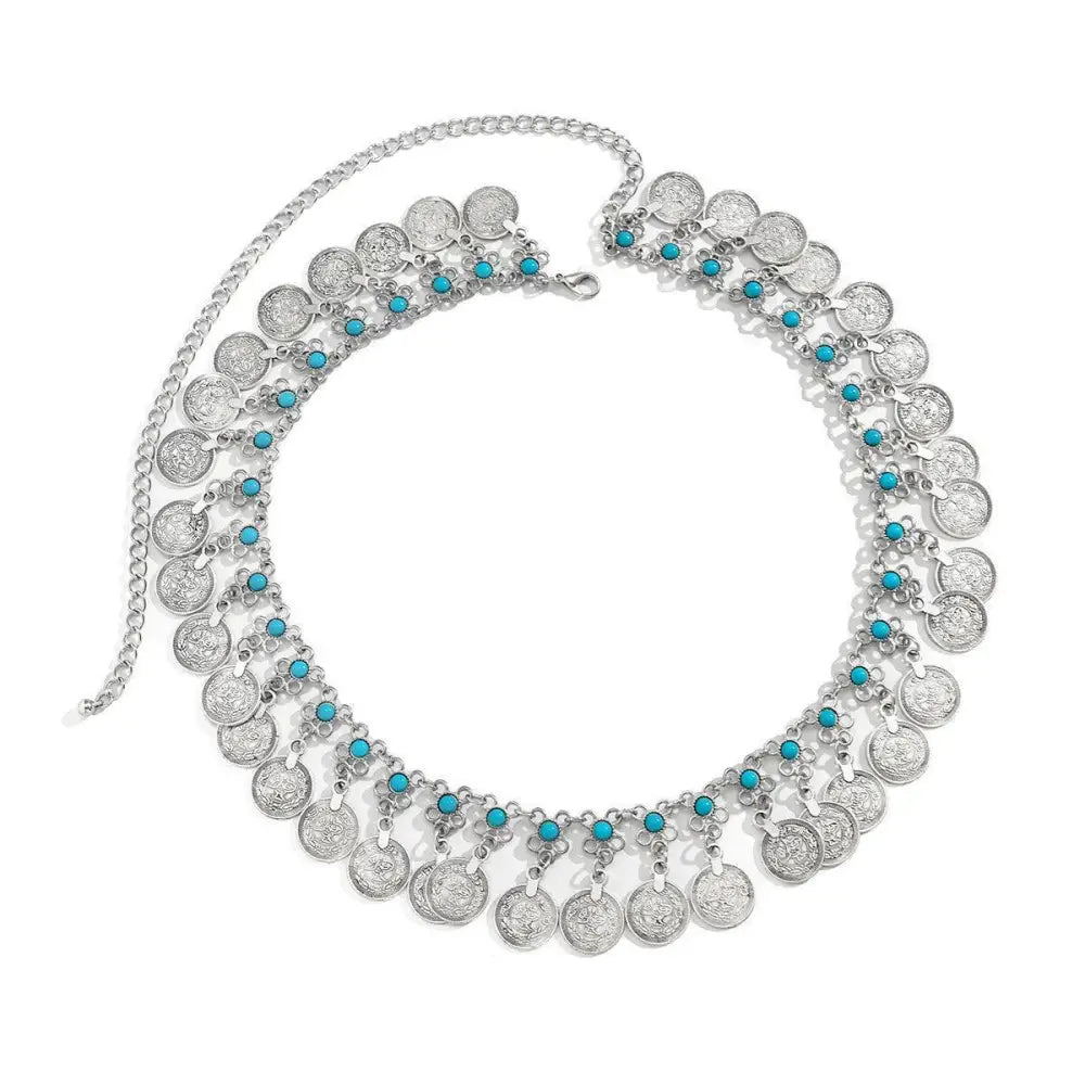 Elytie chain belt featuring silver coins and turquoise accents for a stylish look
