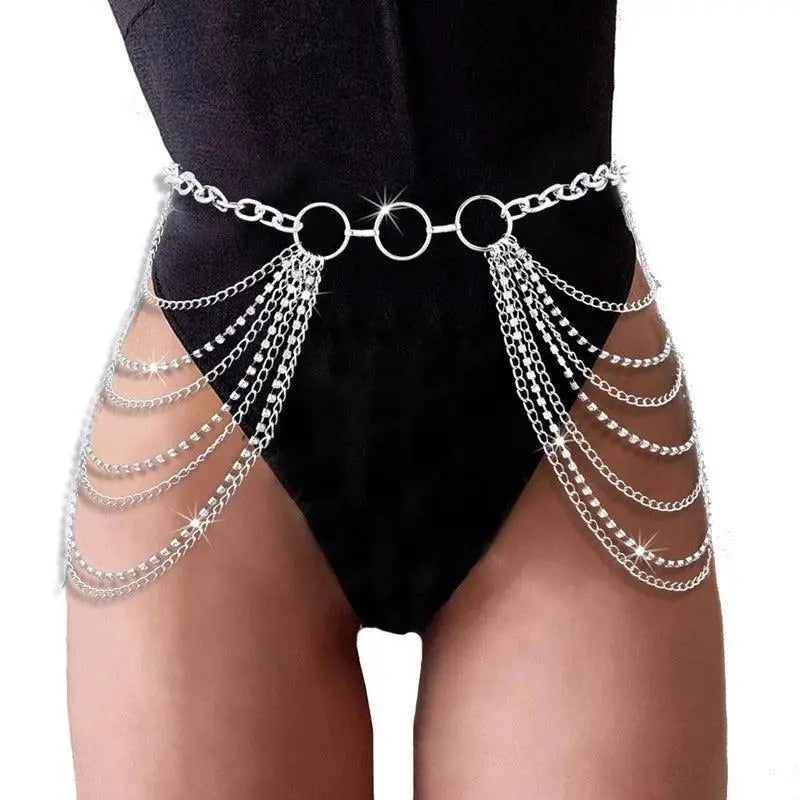 Silver chain belt body jewelry with rhinestone accents for stylish fashion statement