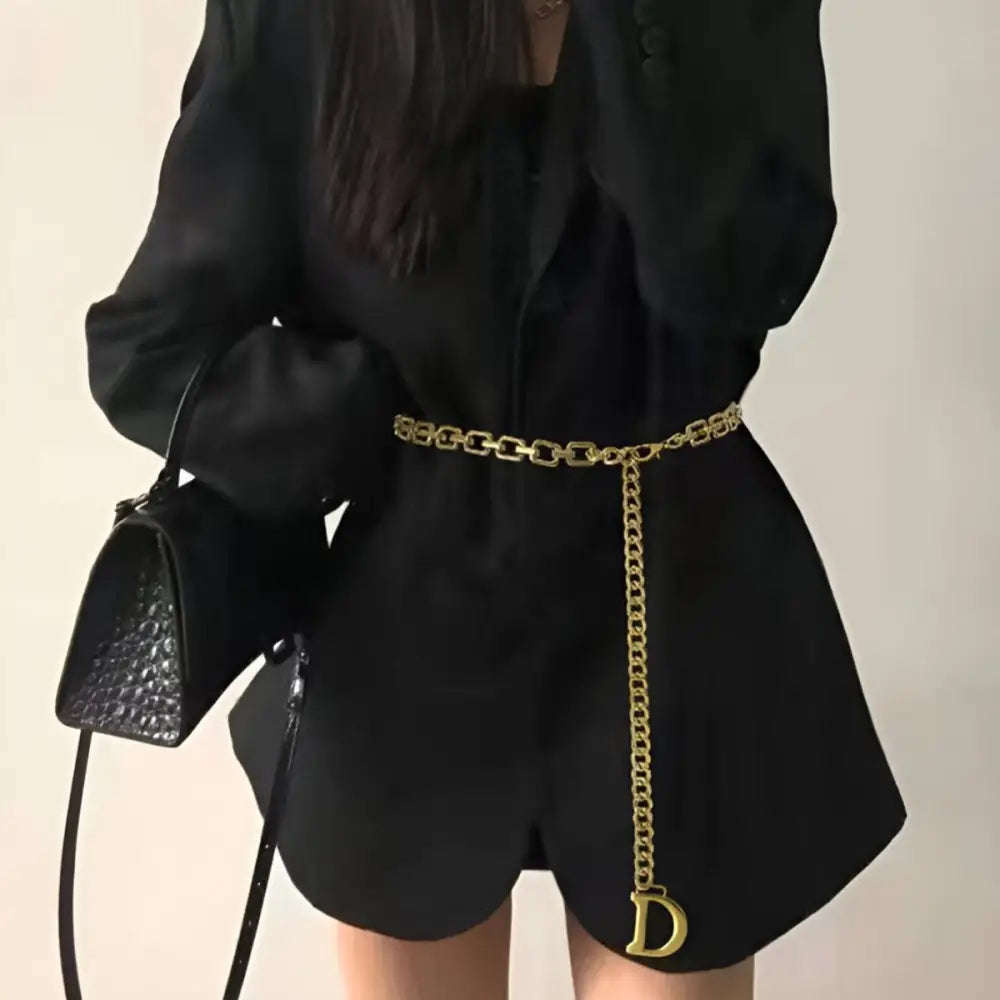 Black blazer with anasenko chain belt featuring D charm for stylish black outfits