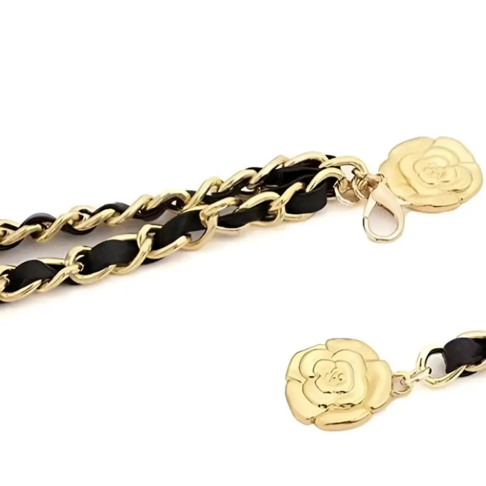 Gold chain strap with black leather and flower charms for Rose-Shaped Chain Belt on Black Dresses