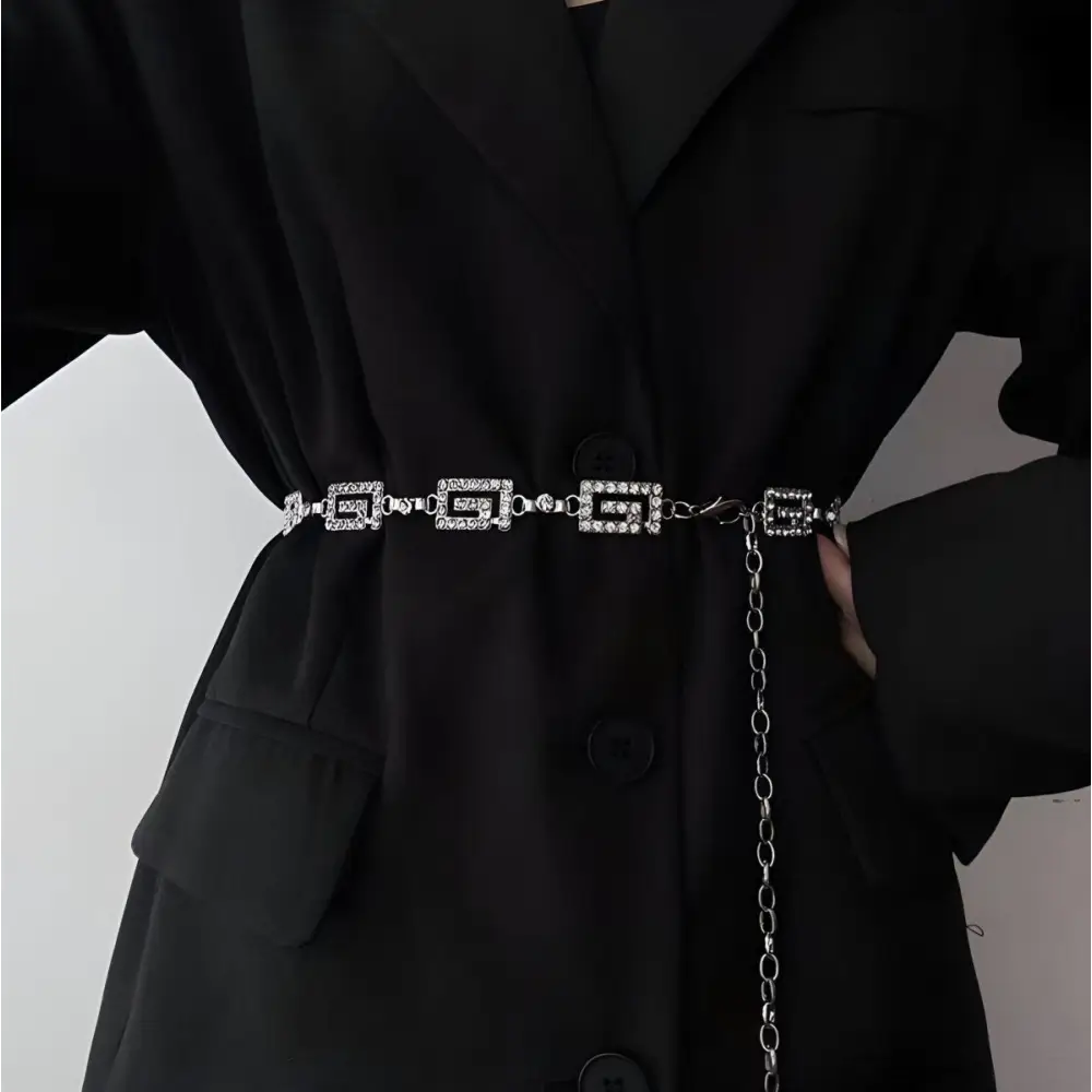 Dudina Women’s Silver Chain Belt with Geometric and Floral Accents featuring jeweled square links