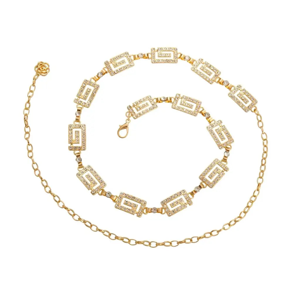 Gold-tone metal Dudina women’s chain belt with Greek key and rhinestone accents