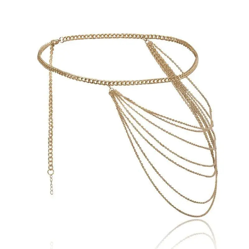 Gold-toned chain belt with cascading strands to enhance personal style and elegance