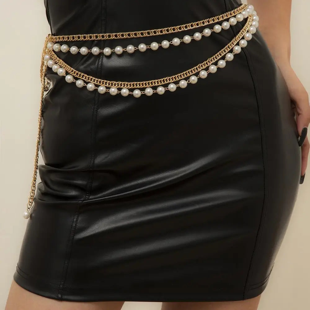 Gold chain and pearl belt featuring an Iomache chain for elegant Black Dress accessories
