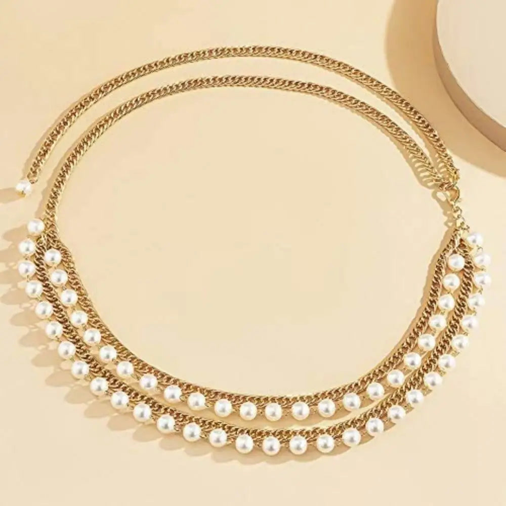 Gold chain belt with pearl accents featuring Iomache chain design for elegant accessories