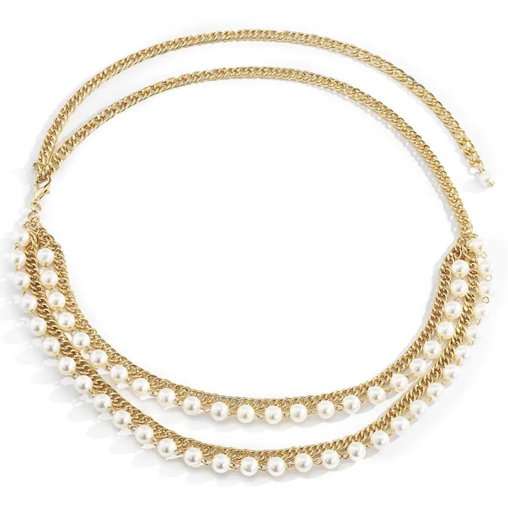 Gold chain belt with pearl accents featuring an Iomache chain design for elegant style