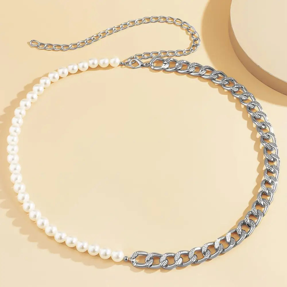 Silver chain belt necklace with half pearl and chain design for faux leather dresses