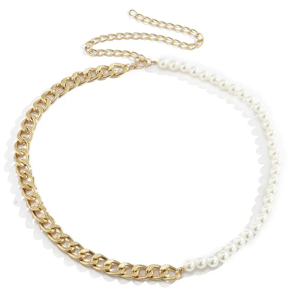Gold chain and pearl necklace complementing Silver Chain Belt Necklace and Faux Leather Dresses